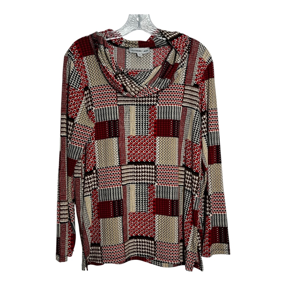 Southern Lady Patchwork Print Cowl Neck Long Sleeve Top